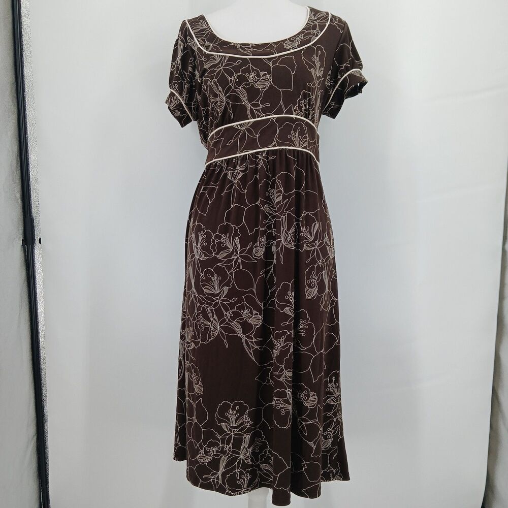 womans Vintage 90s Merona Brown & Cream Floral Cap Sleeve Midi Dress Size M